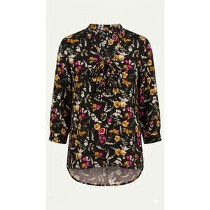 harvé benard Black Floral Blouse Large - Gold Metallic Foil Tie Neck Top